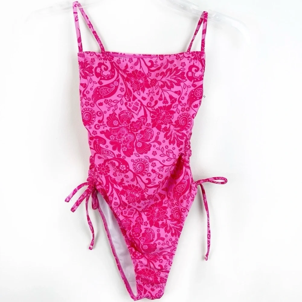 Pink Floral One Piece Swimsuit XS Paisley Feminine Side Ties Cheeky Kidcore